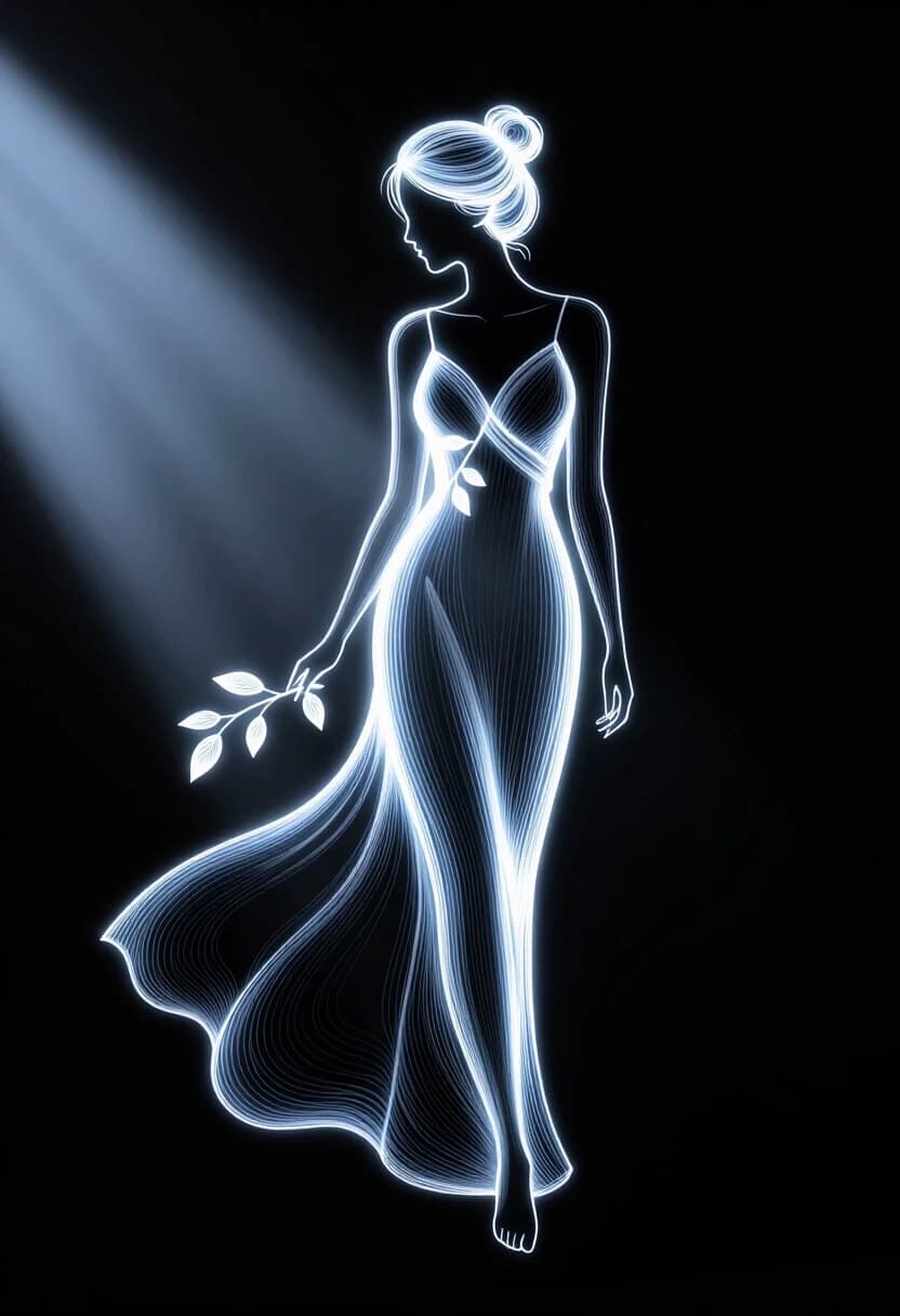 Нарисуй вертикальный арт в стиле линейной графики: изящный силуэт женщины в струящемся платье, выполненный тонкими светящимися голубовато‑белыми линиями; фигура слегка повёрнута в профиль, волосы убраны в пучок, рядом — изогнутые ветви с листьями, перетекающие в складки ткани. Фон — глубокий чёрный, почти абсолютная тьма. Слева — мощный направленный поток холодного света, создающий резкий контраст: он высвечивает контуры фигуры и деталей, формирует яркие блики и длинные тени, подчёркивая противостояние света и тьмы. Используй эффект свечения линий, многослойность штрихов, плавные переходы от яркого свечения к едва заметным контурам в темноте. Палитра — монохромная, на основе чёрного и оттенков голубого/белого. Высокая детализация линий, воздушная лёгкость форм, драматичное освещение.