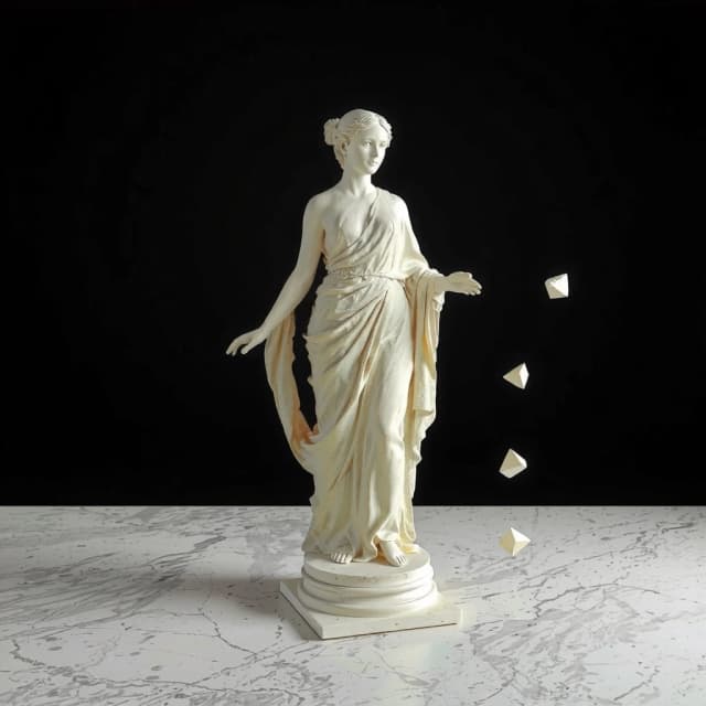 Silhouette of an ancient Greek goddess (classical statue, flowing robe) constructed from horizontal stacked 3D printing layers, FDM layer lines clearly visible, contour map style, marble texture, isometric view, floating geometric fragments nearby, no text, no letters, clean dark background, architectural render.