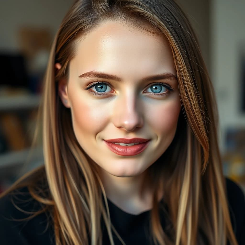 A hyper-realistic portrait of a young woman who is a hybrid of Alicia Vikander and the girl from the second photo. She has long, straight light-brown hair, soft soulful eyes, and a warm, charming smile. Her facial structure combines the delicate, elegant features of Alicia with the modern, bright look of the second girl. Natural studio lighting, soft shadows, 8k resolution, cinematic quality, detailed skin texture.