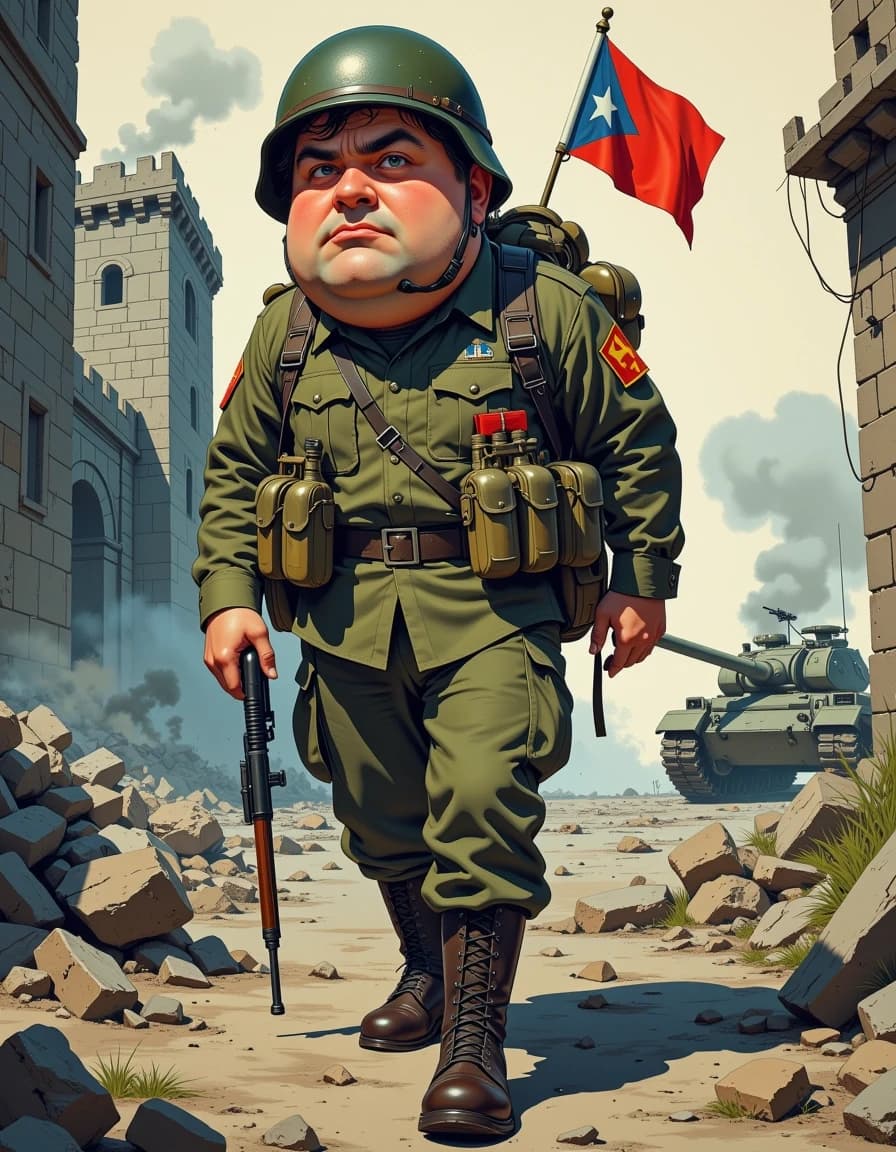 A masterpiece,  in the style of the 1980s, with bold lines, dynamic strokes and rich textures, on background with a touch of nostalgia, perhaps with subtle drawings inspired by cellulose and vintage, worn textures similar to paper, oil painting, Hyper-detailed caricature of a determined male soldier with an oversized expressive head and furrowed brow, three-quarter view, low-angle perspective, mid-step marching toward viewer; wearing an olive-green vintage military uniform and helmet with chin strap, strapped with an overloaded backpack containing rockets, mortar rounds, rifle, ammo belts and a small waving tricolor flag; heroic yet humorous pose, exaggerated proportions (large head, compact body, big polished boots). Background: ruined stone castle towers on left, smoking rubble, a tank on the right, scattered shell casings and debris. Style: high-end digital painting with crisp linework, glossy specular highlights, subtle painterly brush textures, realistic fabric and metal scratches, rich vibrant colors, dramatic 3-point lighting, shallow depth of field, cinematic contrast, soft atmospheric smoke. Composition: dynamic motion blur on boots, detailed facial expression, intricate accessory details (pouches, straps, grenades), 35mm wide-angle feel, high resolution, cinematic poster quality. celshading, simple background