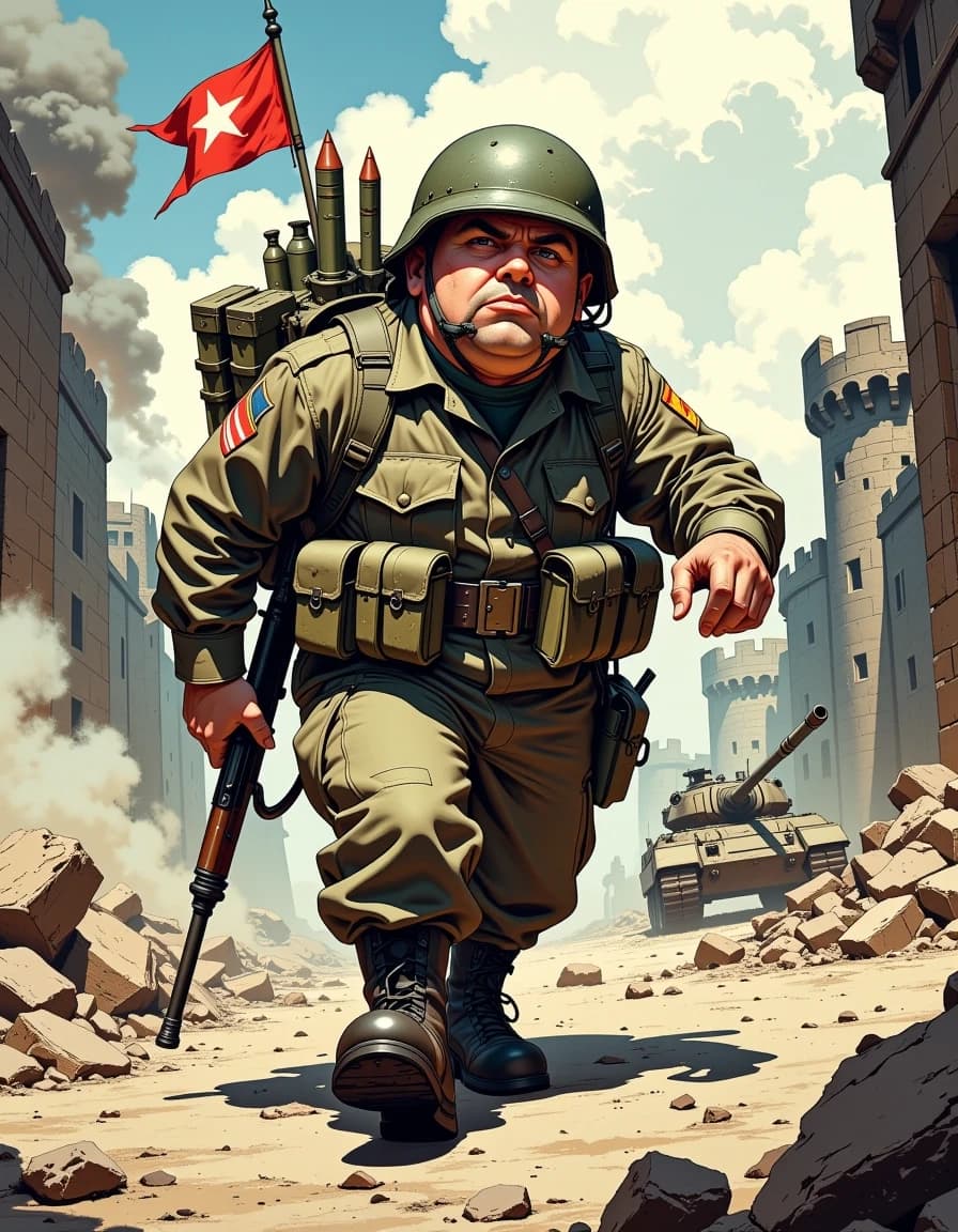 A masterpiece,  in the style of the 1980s, with bold lines, dynamic strokes and rich textures, on background with a touch of nostalgia, perhaps with subtle drawings inspired by cellulose and vintage, worn textures similar to paper, oil painting, Hyper-detailed caricature of a determined male soldier with an oversized expressive head and furrowed brow, three-quarter view, low-angle perspective, mid-step marching toward viewer; wearing an olive-green vintage military uniform and helmet with chin strap, strapped with an overloaded backpack containing rockets, mortar rounds, rifle, ammo belts and a small waving tricolor flag; heroic yet humorous pose, exaggerated proportions (large head, compact body, big polished boots). Background: ruined stone castle towers on left, smoking rubble, a tank on the right, scattered shell casings and debris. Style: high-end digital painting with crisp linework, glossy specular highlights, subtle painterly brush textures, realistic fabric and metal scratches, rich vibrant colors, dramatic 3-point lighting, shallow depth of field, cinematic contrast, soft atmospheric smoke. Composition: dynamic motion blur on boots, detailed facial expression, intricate accessory details (pouches, straps, grenades), 35mm wide-angle feel, high resolution, cinematic poster quality. celshading, simple background