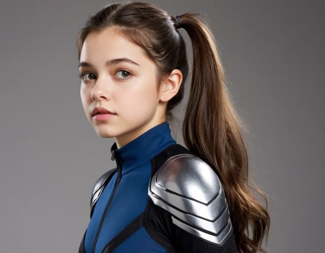 India Joy Eisley in 19 years old as Kitty Pryde from X-men evolution in superhero suit, ponytail hairstyle