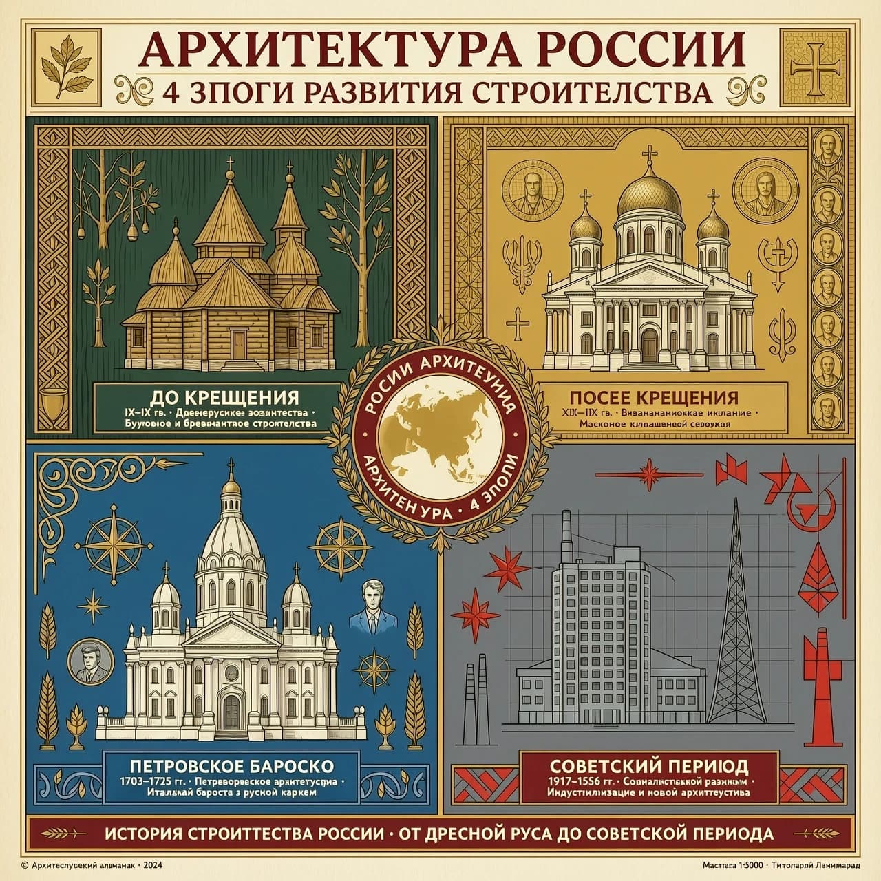 Плакат изображающий по углам 4 архитектурных стиля в истории развития строительства России:
1. До крещения
2. После крещения
3. Петровское барокко
4. Советский период и индустриализации