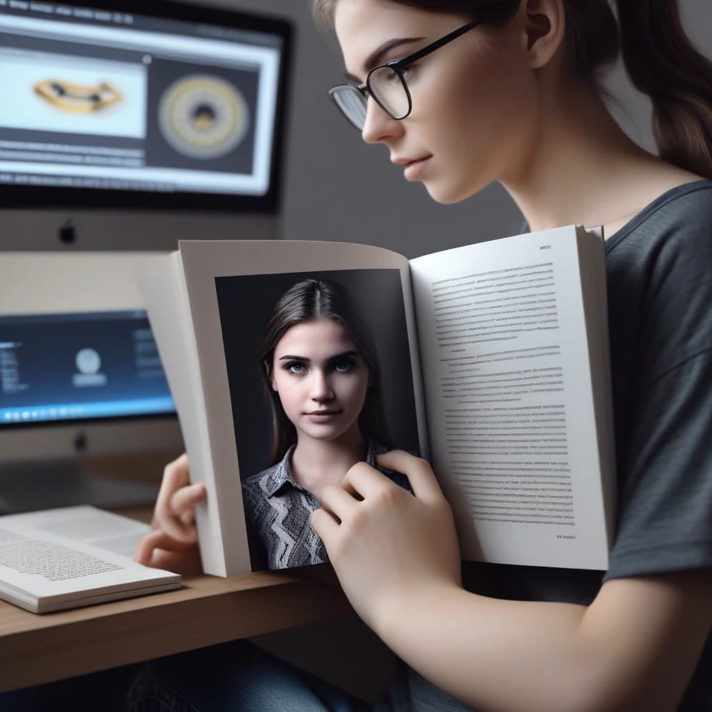 Photorealistic girl presenting a book titled “PYTHON” toward the camera, the book taking up a large part of the frame, title fully readable and centered. Modern IT workspace, laptop with code on screen, cozy lighting, realistic photography, detailed hands and face, cinematic composition, ultra detailed, shallow depth of field, tech aesthetic.