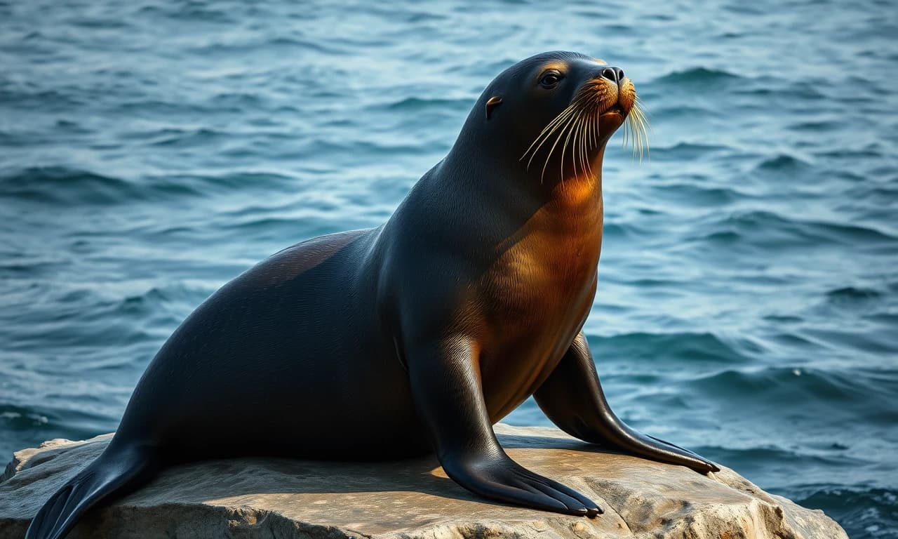 Мне нужно воссоздать японского морского льва (на латинском Zalophus japonicus). Этот японский морской лев, обитавший в Японском море, вымер к 1950-м годам из-за охоты на него и загрязнения окружающей среды.Японские морские львы были крупными животными, но, как и у многих ластоногих, самцы были значительно крупнее самок.
Самцы: Длина тела достигала примерно 2,5–3 метров, вес мог превышать 500 кг.
Самки: Были меньше, около 1,5–2 метров в длину и весом до 300 кг.
Имели типичное для ушастых тюленей обтекаемое мускулистое тело, хорошо приспособленное для плавания. Голова относительно крупная, с хорошо выраженной шеей.
Морда: Удлинённая, слегка сужающаяся к носу.
Ноздри: Расположены на конце морды, овальной формы.
Губы: Толстые, мясистые, с чувствительными вибриссами (усами).
Вибриссы (усы): Очень длинные, густые, беловатые или светло-серые.
Глаза: Крупные, тёмные, расположены по бокам головы. 
Ушные раковины: Ярко выраженные маленькие наружные ушные раковины (отличительная черта ушастых тюленей), которые они могли загибать внутрь при погружении.
Череп: Отличался от черепа калифорнийского морского льва, имел свои специфические черты, которые использовались систематиками для его идентификации (например, форма черепа, зубы).
Основной цвет: Шерсть была преимущественно темно-коричневого или серовато-коричневого цвета. 
Изобразить  передние ласты тюленя - он мог «ходить» на передних ластах, опираясь на них, в отличие от настоящих тюленей, которые передвигаются по суше, извиваясь всем телом. добавь к этой картине фон, тюлень стоит на камне, а задний фон - это океан