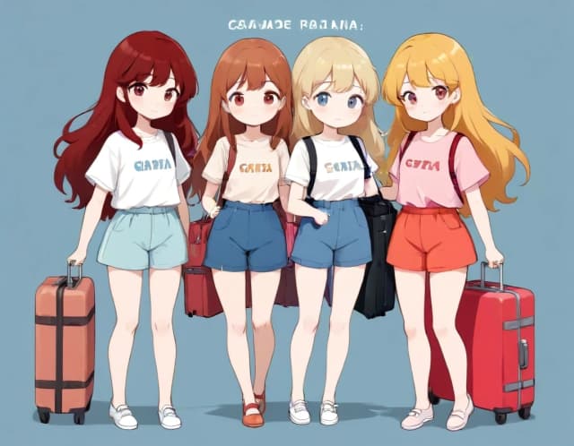 Четыре нарисованные мультяшные стильные модельные девушки как игрушки в летней одежде (две темноволосые, светлая и рыжая) с чемоданами собрались в путешествие, цвета розовые нежные. Надписи на русском языке.