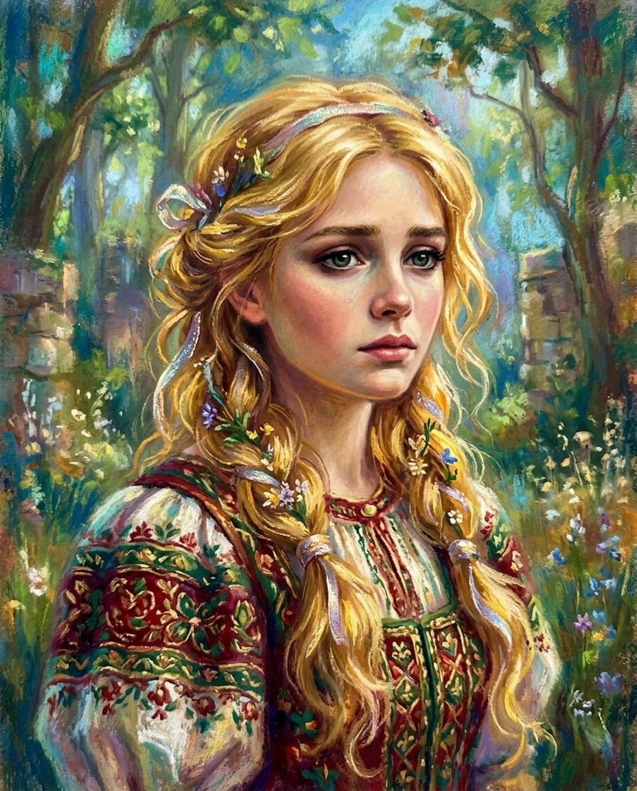 A real masterpiece. How artificial intelligence would depict: (Aesthetics: Impressionism. The image is made in the pastel technique."Goldilocks" is a famous Czech folk tale. Goldilocks: A beautiful golden-haired princess whom the evil king wants to marry). Intense close-up. High resolution. High quality. Increased attention to small details. Hyperrealistic style of surrealism, impressionism, fabulous book graphics. Increased attention to the smallest details and texture of book graphics. The author is Narrated by Mills