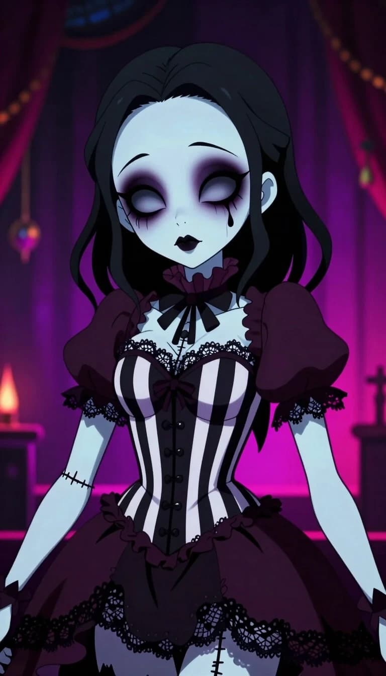 2D anime visual novel character art style, a creepy-cute goth puppet girl from "The Freak Circus", very pale porcelain skin, large expressive hollow eyes with dark heavy eyeshadow, small painted lips. She wears a vintage dark ruff collar, a black and white striped corset, and a tattered circus dress with lace. Stitched joints on her arms, subtle teardrop makeup on her cheek. Distinct sharp linework, smooth cel-shading, vibrant neon-accented dark background, gothic circus aesthetic, high quality 2D game sprite.