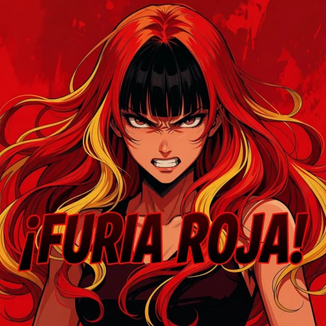 anime girl with long red hair and yellow hair with a red background, inspired by Lujo Bezeredi, ((red)), furia roja Spanish text, she has black hair with bangs