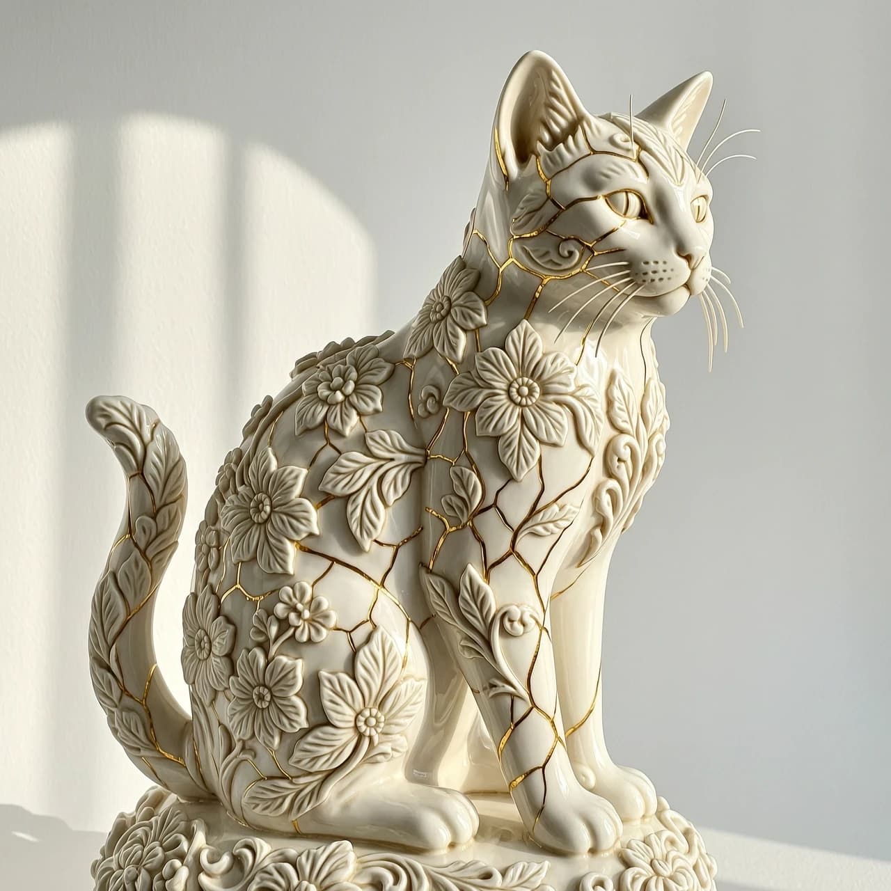 Digital image in Baroque and rocaille style with elements of kintsugi technique. Close-up. (Decorative sculpture made of white porcelain: 1.5). Golden cracks. Volume. The Persian cat. Glossy, porcelain, shiny. The cat's head and body are decorated with gorgeous embossed flowers. (Perfect white porcelain (1.5 ). Exquisite carvings that convey the fur, whiskers and tail of a seated cat. The edges of the leaves and the patterns are decorated with intricate carvings. Thin twigs, delicate flowers and leaves. Lots of fine gold veins. Intricate weaves, swirls, almost psychedelic ornaments. An amazing, mesmerizing sight: the glow. Luminescence. The background is white, with shadows and spectacular lighting. Style: rococo, surrealism, fairy tale, fantasy. Dynamic and expressive. Subtle patterns. Stylization, intricate decorative molding, surrealism, modernism. In the manner of Andrew Jones, Lorenzo Bernini. High quality.