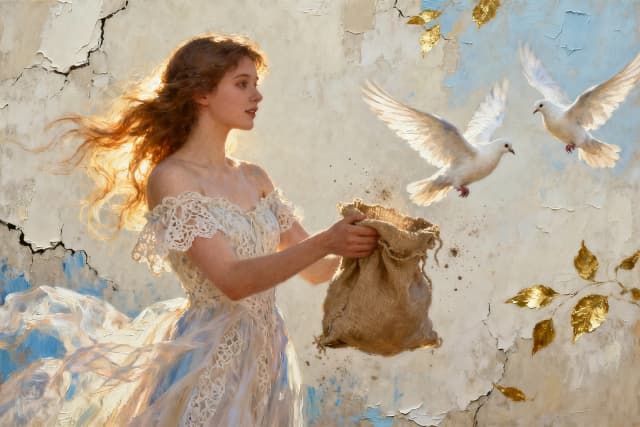 Ethereal panoramic scene of a young woman in an off-the-shoulder lace dress releasing a flock of white doves from a coarse burlap sack, wide-format composition with the woman positioned left and birds arcing to the right; soft, diffuse golden-hour backlight and gentle rim light highlighting her flowing sun-kissed hair and the translucent layers of fabric, delicate breeze animating strands and gown. Painterly, romantic-impressionist style with thick impasto textures and visible palette-knife strokes on a cracked plaster-like background; muted pastel palette of creamy ivory, pale blue, warm beige and luminous gold leaf accents. High-detail focus on feather and fabric texture, subtle motion blurs on wings, delicate dust motes and paint splatters, cinematic depth, shallow depth of field toward the foreground while preserving textured mural-like backdrop, serene uplifting mood, timeless fairytale quality. Intricate lighting contrasts, soft shadows, natural skin tones, hyper-detailed yet painterly finish.