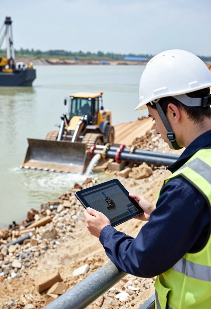 Create a realistic image of a land reclamation site for an artificial island: in the foreground — an embankment made of sand and gravel, along which a compact tracked loader is moving slowly; behind — a row of pipes through which slurry is supplied, and water splashes frozen in the air. At the edge of the embankment stands a young engineer in a protective helmet and vest; he is leaning slightly forward, resting on the metal railing, and is looking at a tablet, on the screen of which a diagram of the site is visible. His posture is tense but composed; his face shows concentration, perhaps a slight fatigue, but also interest in the process. On the left, part of a massive dredger operating in the water comes into the frame. The water is cloudy due to the suspended particles, but further away, beyond the work area, it becomes clearer. The lighting is daylight, slightly diffused by clouds; the shadows are soft but clear. The details are well‑crafted: water droplets in the air, the texture of the sand, elements of the equipment, the folds in the engineer’s clothes. The composition focuses on the engineer’s figure; the technician and the embankment serve as the context.