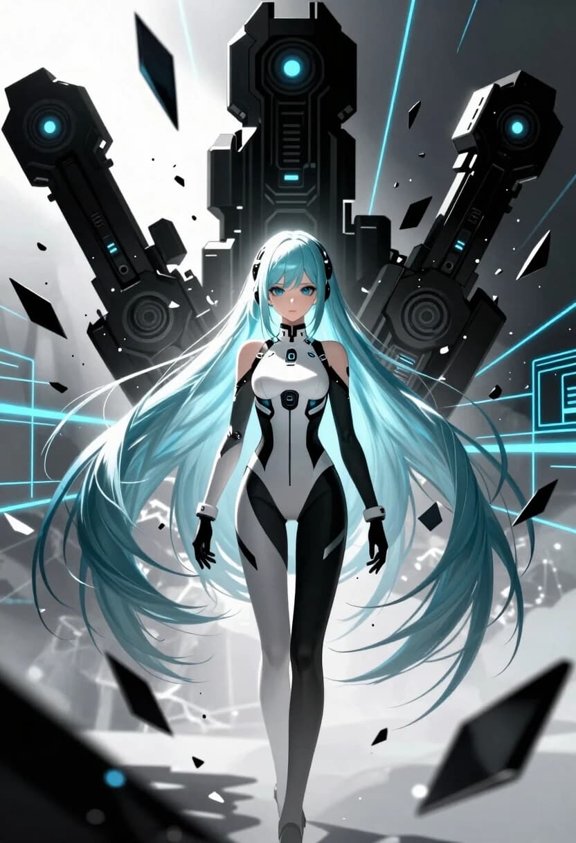 (lacia beatless:1.4), beatless, 1girl, solo, android, long straight hair, loose hair, hair down, long hair flowing, (ice blue hair, light silver-blue hair:1.2), blunt bangs, black hair ornaments on sides of head, (dark blue eyes, indigo eyes:1.2), expressionless, wearing futuristic white and black hIE bodysuit, surrounded by floating huge black mechanical weapon parts Black Monolith, shattered glass shards flying in air, glowing blue cyber lines, laser grids, abstract futuristic background, dynamic debris, cinematic sharp contrast, lens flare, masterpiece, high quality anime, digital art, illustration by redjuice, smartphone wallpaper