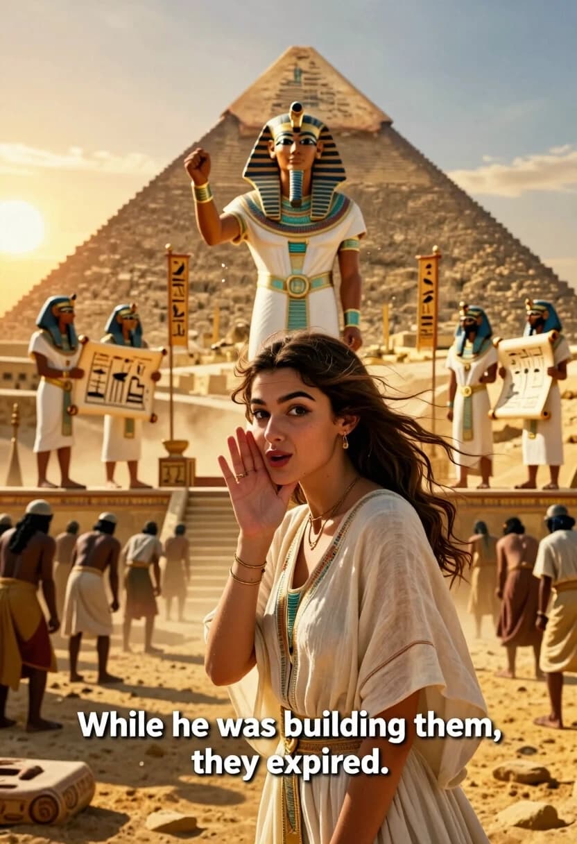 Photorealistic cinematic shot, 8K, ultra-detailed, high-end film lighting, golden hour atmosphere. The composition is a wide-angle, slightly low-angle frame that preserves the epic scale of the original scene but reworks the foreground.

In the foreground, a young, pretty woman with a mischievous, conspiratorial expression leans into the frame as if directly addressing the viewer. She’s whispering, lips close to the camera, eyes sparkling with playful irony. Her hair is gently tousled by a warm desert breeze; a few loose strands frame her face. She wears a light, flowing off‑white linen dress with subtle Egyptian-inspired embroidery, and delicate gold jewelry. The lighting on her face is soft and warm, with a slight rim light from the setting sun highlighting her silhouette.

Behind her, the grandiose scene of ancient Egypt unfolds: a commanding pharaoh stands on an elevated platform, arm raised in a gesture of authority. He’s dressed in traditional regal attire — a white kilt, broad collar, striped nemes headdress with the uraeus, and gold bracelets. Flanking him are two attendants holding large scrolls with architectural drawings. In the background, the massive pyramid dominates the skyline, its stone blocks textured and weathered, bathed in the warm glow of the sunset. Banners with hieroglyphic motifs flutter on poles. In the lower midground, rows of laborers are shown from behind, bent over in work posture, emphasizing the scale of the construction effort.

The atmosphere is dramatic and cinematic, with a touch of humor conveyed through the woman’s expression and the juxtaposition of the epic setting with her casual, modern-style whisper. Volumetric light beams pierce through the air, dust particles float in the sunlight, and the color palette is rich with warm golds, deep browns, soft creams, and subtle blues in the sky.

At the bottom of the frame, centered, is the text in clean, white sans-serif font with a subtle drop shadow for legibility: “While he was building them, they expired.” No other text or logos.