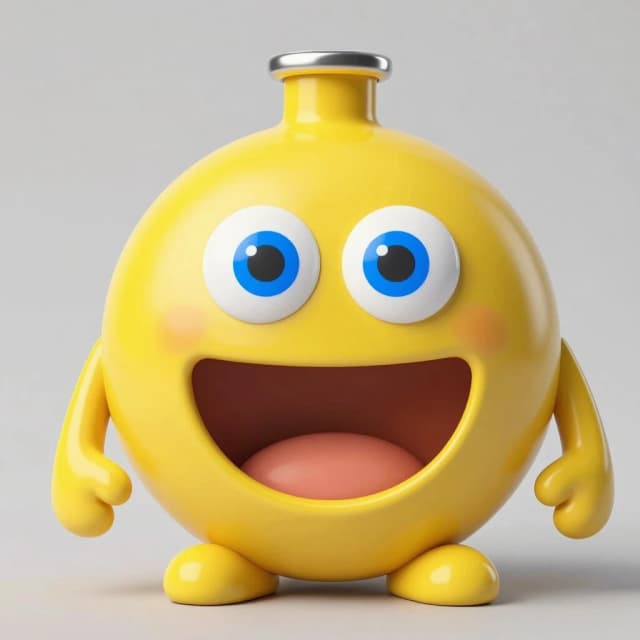 finish off the round yellow flask with big, blue eyes with a large mouth with legs at the bottom of the arm along the edges of the large one