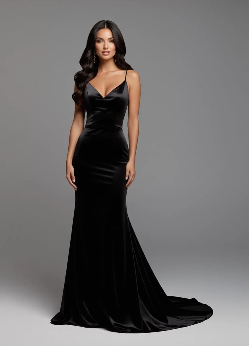 A woman with a slender figure, wearing a floor-length black satin evening gown, her long wavy black hair cascading down her back, her brown eyes sparkling with elegance, her features set in a poised and confident expression.