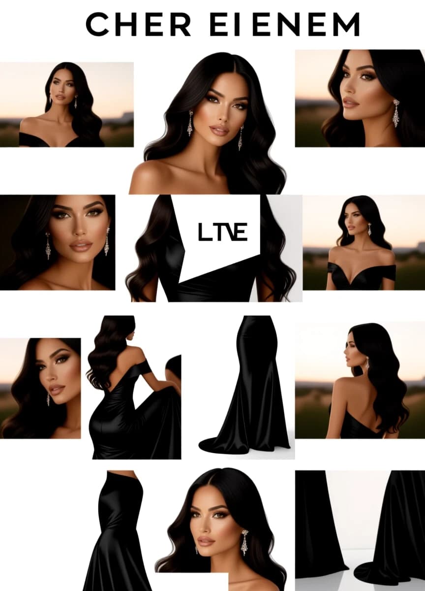 A woman with a slender figure, wearing a floor-length black satin evening gown, her long wavy black hair cascading down her back, her brown eyes sparkling with elegance, her features set in a poised and confident expression.