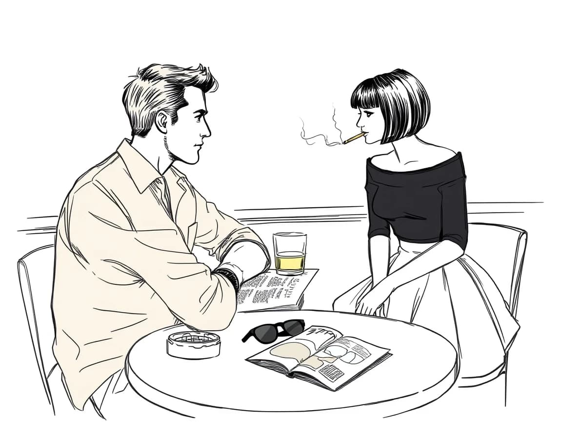 A gray background, a sketchy outline with thin, transparent lines. A very handsome 30-year-old Slavic man, wearing a khaki shirt with rolled-up sleeves, sits at a table in the bar, seen from the side. On the table are a newspaper, a glass of whiskey, and an ashtray with a cigarette. Across from him sits a very beautiful young woman, resembling 23-year-old Megan Fox, with dark hair cut into a bob with bangs, wearing a very fashionable short, full skirt and a black, off-the-shoulder, three-quarter-length sleeve top. She's smoking a thin cigarette. On the table in front of her lies a fashion magazine, topped with a pair of stylish sunglasses. The man and woman look at each other. Vicente Romero Redondo, Lee Bogle, Konstantin Razumov, Harrison Fisher.