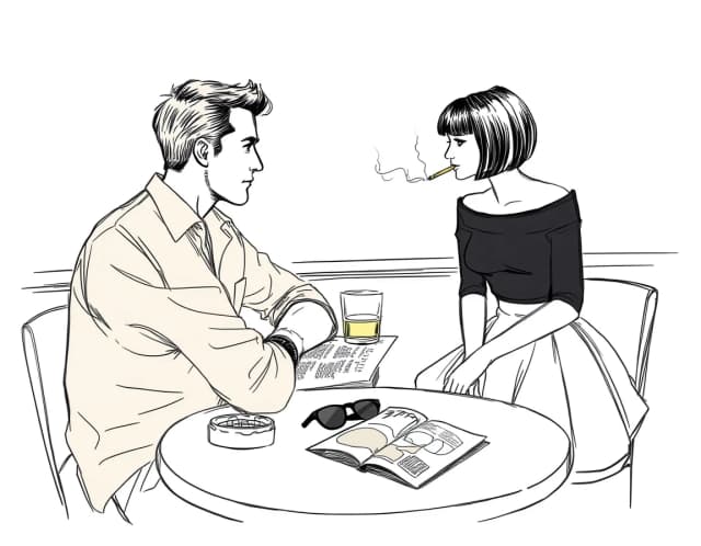 A gray background, a sketchy outline with thin, transparent lines. A very handsome 30-year-old Slavic man, wearing a khaki shirt with rolled-up sleeves, sits at a table in the bar, seen from the side. On the table are a newspaper, a glass of whiskey, and an ashtray with a cigarette. Across from him sits a very beautiful young woman, resembling 23-year-old Megan Fox, with dark hair cut into a bob with bangs, wearing a very fashionable short, full skirt and a black, off-the-shoulder, three-quarter-length sleeve top. She's smoking a thin cigarette. On the table in front of her lies a fashion magazine, topped with a pair of stylish sunglasses. The man and woman look at each other. Vicente Romero Redondo, Lee Bogle, Konstantin Razumov, Harrison Fisher.
