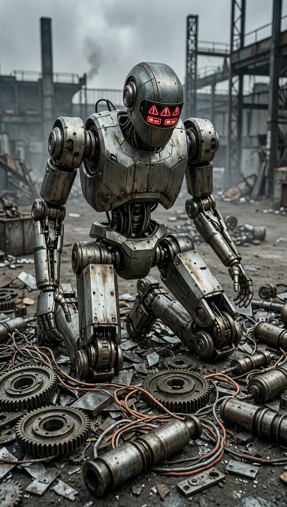 A realistic cinematic shot of a damaged heavy industrial robot experiencing a complete mechanical collapse of its lower extremity locomotion system. The robot is kneeling on shattered leg joints, completely immobilized, resting on the ground. The head is purely mechanical, composed of a dark metallic visor. The visor displays bright glowing red system error icons, warning triangles, and flashing digital crash alerts instead of any emotional expression. No human face, no organic features. Scattered around the crash site are broken mechanical gears, severed copper cables, metallic pistons, and scrap debris. Hyper-detailed mechanical textures, weathered metal, scratches, oil stains, dust, photorealistic, dark industrial lighting, gloomy post-apocalyptic mood, highly accurate mechanical anatomy, 8k, abundance of small mechanical details.