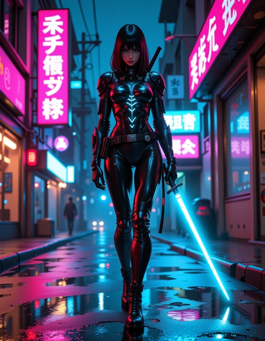 A masterpiece,  in the style of the 1980s, with bold lines, dynamic strokes and rich textures, on background with a touch of nostalgia, perhaps with subtle drawings inspired by cellulose and vintage, worn textures similar to paper, oil painting, Cinematic medium-wide shot of a cyberpunk female warrior standing on a rain-soaked neon street at night. She wears a sleek black armored bodysuit with glowing electric-blue circuitry and holds a glowing cyan energy katana. Rain-slick asphalt, reflection of vibrant magenta and blue neon signs, atmospheric mist, volumetric holographic particles floating around her. Ultra-sharp fashion-action aesthetic, photorealistic, cinematic lighting, shallow depth of field, 8k resolution, shot on 35mm lens, anime comic style, raw style, hdr