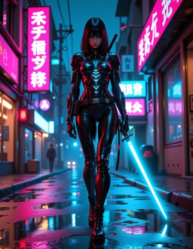 A masterpiece,  in the style of the 1980s, with bold lines, dynamic strokes and rich textures, on background with a touch of nostalgia, perhaps with subtle drawings inspired by cellulose and vintage, worn textures similar to paper, oil painting, Cinematic medium-wide shot of a cyberpunk female warrior standing on a rain-soaked neon street at night. She wears a sleek black armored bodysuit with glowing electric-blue circuitry and holds a glowing cyan energy katana. Rain-slick asphalt, reflection of vibrant magenta and blue neon signs, atmospheric mist, volumetric holographic particles floating around her. Ultra-sharp fashion-action aesthetic, photorealistic, cinematic lighting, shallow depth of field, 8k resolution, shot on 35mm lens, anime comic style, raw style, hdr
