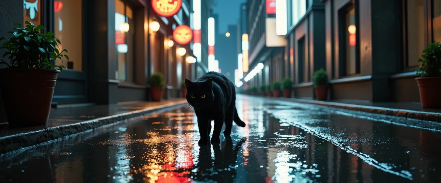 Vertical 9:16 cinematic video, black cat walking through rainy city courtyards at night, heavy rain, wet shiny fur, puddles reflecting neon signs, low angle camera follows the cat, slow motion, raindrops splashing, moody atmosphere, realistic, 4k, TikTok format