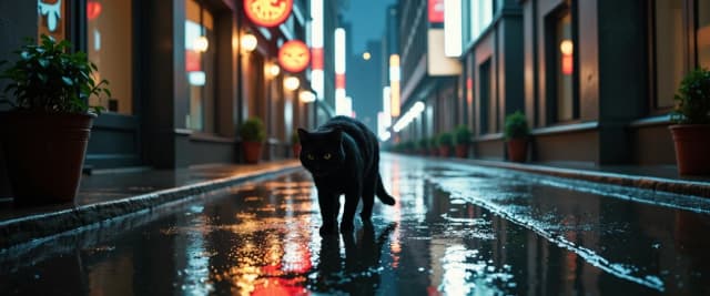 Vertical 9:16 cinematic video, black cat walking through rainy city courtyards at night, heavy rain, wet shiny fur, puddles reflecting neon signs, low angle camera follows the cat, slow motion, raindrops splashing, moody atmosphere, realistic, 4k, TikTok format