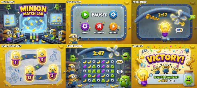 A complete set of user interface for a three-in-a-row mobile game inspired by the aesthetics of minions: bright, playful and chaotic. The design features rounded, sparkling shapes, glossy textures, and a bright yellow and denim-blue color palette. 

The package includes:
1. ** Main value faucet:** Dynamic mode with a highly competitive 3D image of a laboratory or workshop in the minion center with a soft current in a jar. Focused, group-based, three-dimensional 3D graphics for a game title with clay, metal graphics and tablet computers.
2. ** Pause menu: ** A translucent frosted glass overlay with rounded corners and stylized icons (Playback, Settings, Home page, reboot), made in a glossy, toy-like appearance.
3. ** Level selection map:** A map with huge interactive level nodes made in the form of glowing yellow capsules.
4. ** Game interface elements: ** Beautiful background themed minions vs lime monsters. A curved timer panel located above the playing field, with a playful digital font; a Hint button in the form of a glowing light bulb or magnifying glass with a bright, energetic aura.
5. ** The "You won" victory screen:** A festive pop-up window with exploding confetti, bright golden stars and a large triumphant banner "Victory!" made with three-dimensional inscriptions in the style of comics.

** Visual style: ** High-quality 3D graphics for mobile games, similar to the lighting animation style.