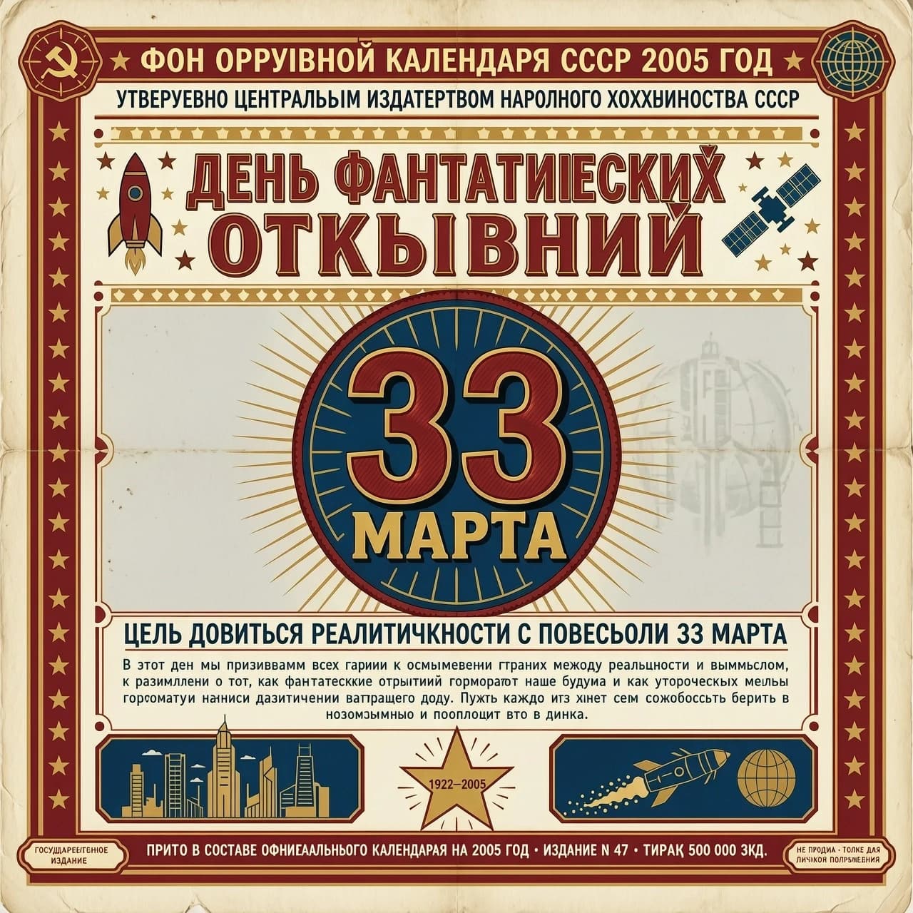 ФОН ОТРЫВНОЙ КАЛЕНДАРЬ СССР 2005 ГОД  ДЕНЬ ФАНТАСТИЧЕСКИХ ОТКРЫТИЙ 33 МАРТА ЦЕЛЬ ДОБИТЬСЯ РЕАЛИСТИЧНОСТИ С ПОВЕСТЬЮ 33  МАРТА