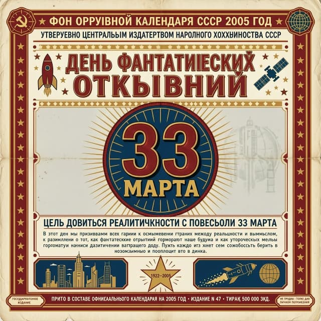 ФОН ОТРЫВНОЙ КАЛЕНДАРЬ СССР 2005 ГОД  ДЕНЬ ФАНТАСТИЧЕСКИХ ОТКРЫТИЙ 33 МАРТА ЦЕЛЬ ДОБИТЬСЯ РЕАЛИСТИЧНОСТИ С ПОВЕСТЬЮ 33  МАРТА