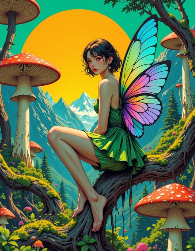 A masterpiece,  in the style of the 1980s, with bold lines, dynamic strokes and rich textures, on background with a touch of nostalgia, perhaps with subtle drawings inspired by cellulose and vintage, worn textures similar to paper,oil painting, Surreal photography. A valley of strange giant flora. Giant mushrooms with wide caps and trees with spiral trunks. Saturated emerald, orange, and bright yellow colors. Background features whimsical mountains like melting glaciers. A young european woman sits on a curved giant root wearing a dress resembling an exotic flower and insect wings. The dress has multiple layers of semi-transparent iridescent fabric, like dragonfly wings or orchid petals. Volumetric, asymmetrical, fluid shapes. Chameleon colors shifting from green to purple. Vibrant psychedelic art, fantasy botany, dreamlike state