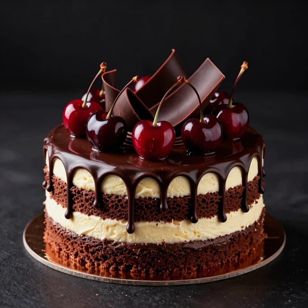 Create a square, photorealistic premium food photograph of a luxurious “Chocolate Cherry” cake on a sophisticated deep black background.

The cake is the main and only focal point, shown in a beautiful close-up, centered in the composition. It should look elegant, handcrafted, rich, and exceptionally appetizing. The cake has distinct layers of light cream and rich chocolate sponge, covered with a glossy dark chocolate glaze with beautiful natural chocolate drips running down the sides.

Decorate the top with glossy dark-red cherries, rich chocolate curls and shavings, with a few delicate chocolate decorations. The combination of deep chocolate brown, creamy ivory, and dark cherry red should create a luxurious, sophisticated color palette.

Use dramatic but elegant studio lighting: soft warm highlights on the chocolate and cherries, subtle reflections on the glaze, deep natural shadows, and realistic texture. Premium professional food photography, shallow depth of field, cinematic lighting, highly detailed, photorealistic, luxurious confectionery advertising aesthetic.

Square composition, centered cake, no text, no logo, no frame, no border, no people, no additional objects, no distracting background elements.