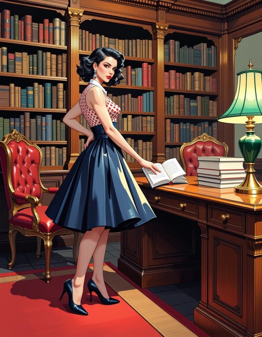 A masterpiece,  in the style of the 1980s, with bold lines, dynamic strokes and rich textures, on background with a touch of nostalgia, perhaps with subtle drawings inspired by cellulose and vintage, worn textures similar to paper,oil painting, Photorealistic cinematic portrait of a glamorous 1950s pin-up woman standing confidently beside a heavy wooden library desk in an old, ornate study. She wears a sleeveless collared polka-dot dress in navy, white and red with a wide navy belt and full swing skirt, glossy black high heels, red lipstick and vintage victory-roll hair; holding an open hardcover book in one hand, other hand on hip. Rich mahogany bookshelves tower behind her filled with leather-bound volumes, brass and gold carved details, tufted leather chairs and stacked books on the desk. Warm, directional cinematic lighting with soft rim light and subtle volumetric rays, deep wood grain textures, polished brass banker lamps with green glass shades casting pools of light, shallow depth of field, high detail, realistic skin and fabric textures, filmic color grading, slight film grain, eye-level full-body composition, elegant retro glamour mood. celshading, simple background