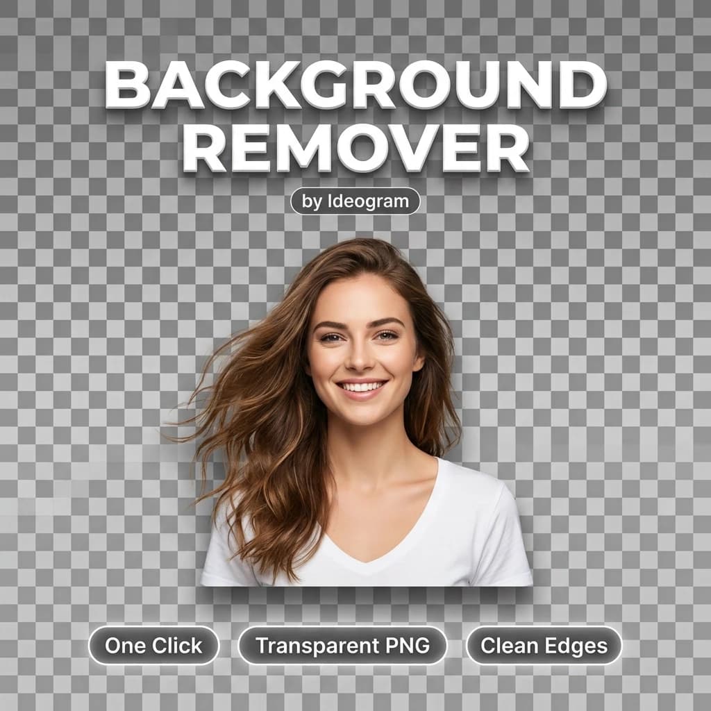 Flat 2D square graphic design cover, background covers 100 percent edge to edge, no frame, no border, no mockup. Bold glowing modern 3D typography text "BACKGROUND REMOVER" appears exactly once centered near the top, crisp perfectly legible; a small clean tag "by Ideogram" directly beneath the title. Below the title: a studio portrait of a smiling woman with flowing hair cleanly cut out with every hair strand preserved, floating on a grey-and-white transparency checkerboard pattern, crisp clean edges, soft drop shadow. A single clean row of small glowing rounded feature badges near the bottom with short legible labels: "One Click", "Transparent PNG", "Clean Edges". perfectly legible text, clean flagship poster quality, no extra labels.