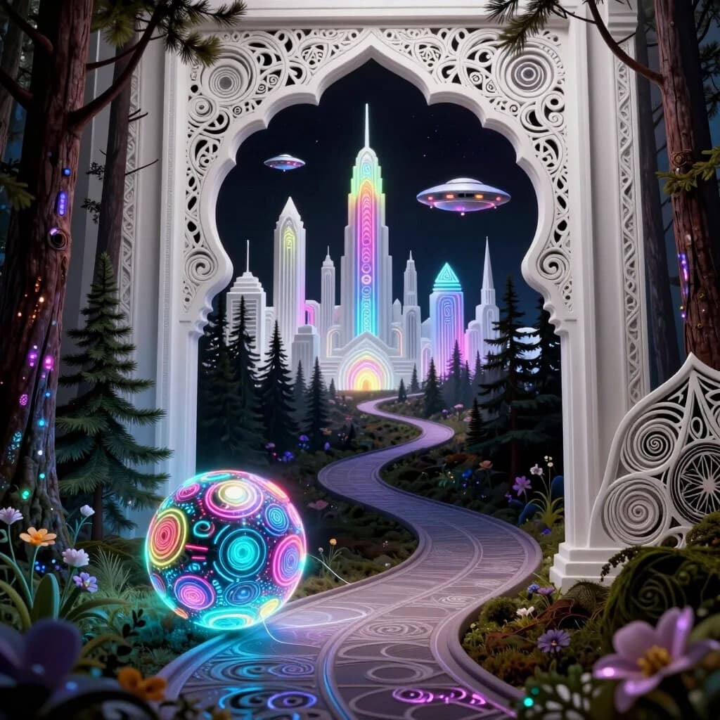 Background: a winding path leading from the forest to a white city. In the middle and far distance, a street in a futuristic ornamental white city with a (thrilling triphobic) neon pattern, spaceships, and flying saucers. Porous surfaces, zentangle, and shimmering. In the foreground, a magical forest with pine trees and flowers. A neon cybernetic ball rolls along the path. A thread from the ball. Shimmering and sparking. Glowing from the inside. Openwork metal carving, like delicate lace. Contrasting edges. Sparkling, shimmering colors. Style: Rococo, Neo-Rococo, Baroque, Mudéjar, light oriental motifs, Art Nouveau. High quality and detailed work. Baroque curves. Fascinating contrasting image. Attracts the eye. Play of light. Depth and volume. Art Deco, Gothic. In the style of Andrew Jones, Julie Dillon, David Gallchatt, Josephine Wall. Glowing patterns, bioluminescent drawing. Aetherial lighting, jewelry with details, mystical atmosphere. High detail, surrealism. Otherworldly effect, sacred geometry, futuristic tribal, rainbow, magical realism.