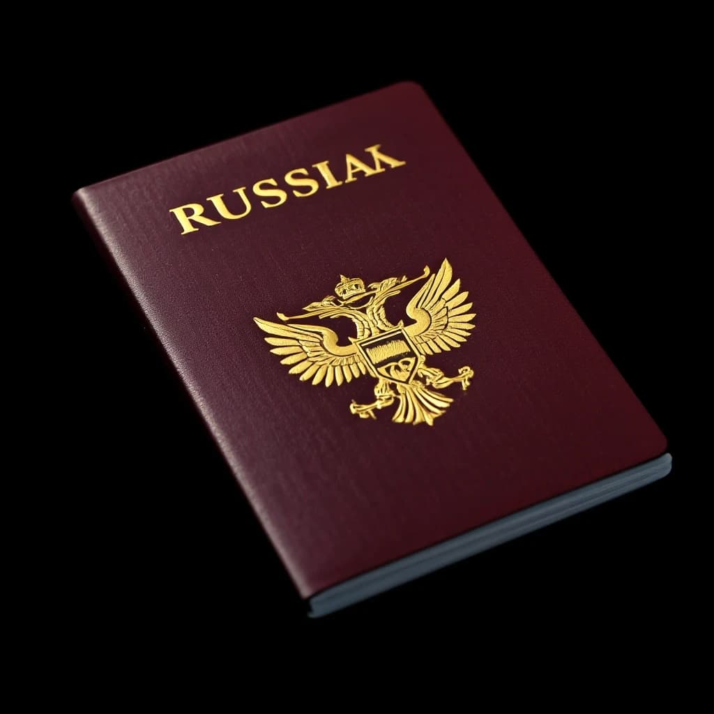 Российский загранпаспорт на абсолютно черном фоне, темно-бордовая обложка с золотым двуглавым орлом, тиснение, студийное освещение, блики, макросъемка, высокое разрешение, фотореализм.