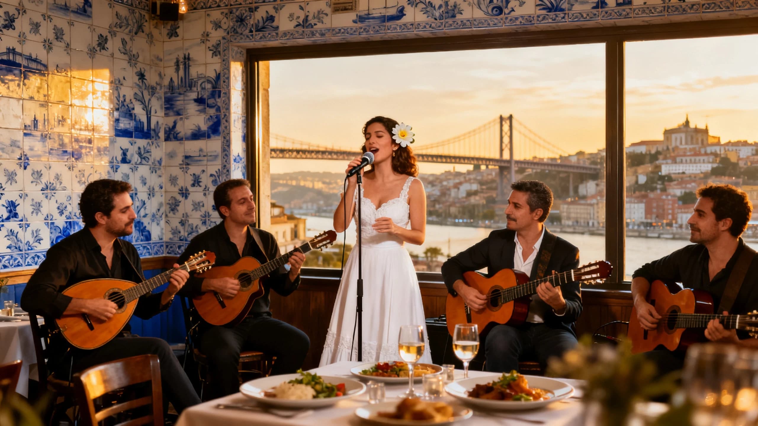 The image shows a group of people in a restaurant with a beautiful view of the city. The restaurant has blue and white tiles on the walls and a large window that offers a panoramic view of a bridge and buildings. In the center of the image, there is a woman in a white dress with a flower in her hair, singing into a microphone. To her left, there are two men playing mandolins, one playing a mandolin and the other playing a guitar. To the right, two men are playing guitars, and there are plates of food and drinks on the table in front of them. The overall atmosphere of the restaurant is romantic and lively.