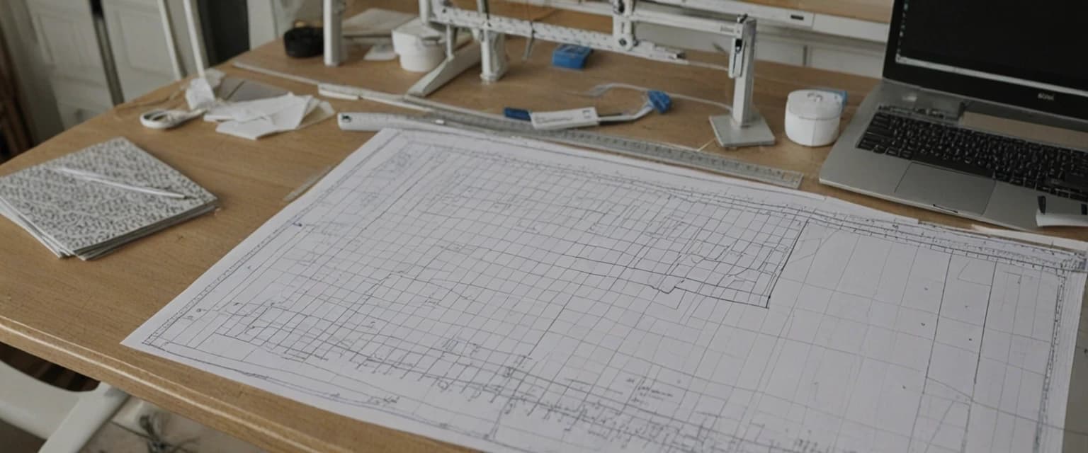 Photorealistic, frontal view of a clothing pattern design bureau. Foreground: a matte white desk with neatly arranged paper sewing patterns, transparent plastic drafting rulers (lecalas), technical flat sketches, graphite pencils, and a metal ruler. In the left corner of the desk, a modern COMPUTER with a large monitor showing CAD software displaying a 3D flattened pattern piece for a coat. Background (heavily blurred with bokeh): a metal clothing rack holding finished garment samples (a classic coat and two dresses), as well as finished paper patterns hanging on hangers. Lighting: soft directional light from the top-left (daylight, 5000K) highlighting the texture of the paper and plastic, with no glare on the monitor screen. Shallow depth of field, focus on the table with patterns and the COMPUTER.