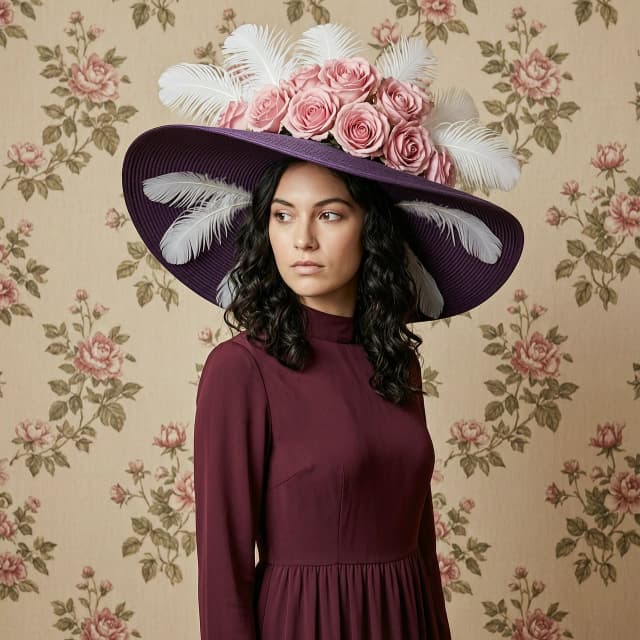 The image is a portrait of a young woman wearing a large, wide-brimmed hat with a large flower crown on top. The hat is made of a dark purple fabric with white feathers and pink roses scattered throughout. The woman is wearing a long, burgundy dress with a high neckline and long sleeves. She has dark hair styled in loose curls and is looking off to the side with a serious expression on her face. The background is a beige-colored wall with a floral pattern. The overall mood of the image is elegant and sophisticated.