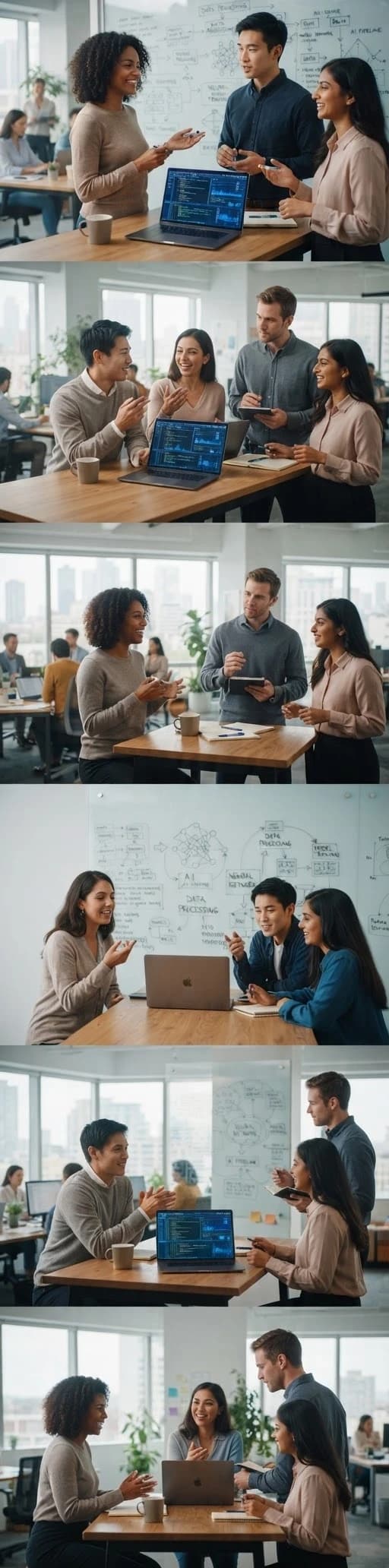 Photorealistic commercial stock photo of a diverse multicultural team of young professionals collaborating on an artificial intelligence project in a modern office, discussing ideas around a laptop and glass board, subtle blue screen reflections, realistic office environment, natural gestures, authentic teamwork, candid documentary style, soft daylight, premium business photography, no futuristic holograms, no logos, no readable text, no watermark --ar 16:9 --style raw --s 50 --v 6.1