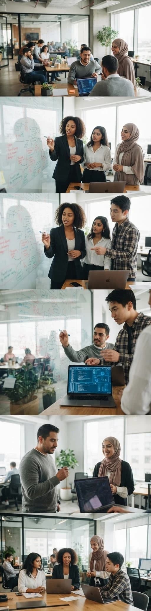 Photorealistic commercial stock photo of a diverse multicultural team of young professionals collaborating on an artificial intelligence project in a modern office, discussing ideas around a laptop and glass board, subtle blue screen reflections, realistic office environment, natural gestures, authentic teamwork, candid documentary style, soft daylight, premium business photography, no futuristic holograms, no logos, no readable text, no watermark --ar 16:9 --style raw --s 50 --v 6.1