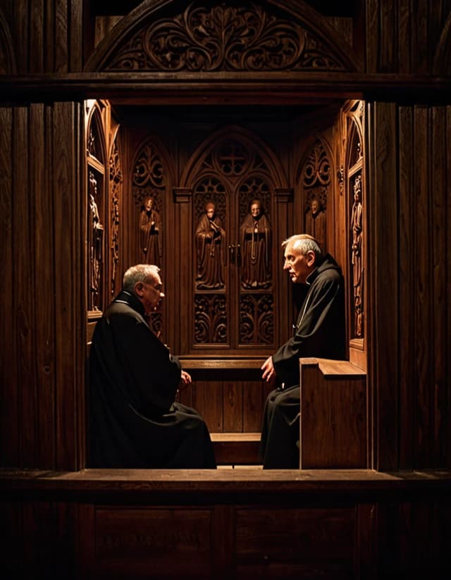 A dimly lit old church in the middle of the night. Inside a wooden confessional, two men sit separated by an intricately carved wooden screen. On one side, an elderly priest with a calm, attentive expression; on the other, a dark-haired man with an exhausted gaze and tense hands. He whispers a confession he has kept buried for years. Warm candlelight shines through the carved screen between them. Behind them stretches a vast dark church with ancient icons, stained-glass windows and faint moonlight. Powerful emotional scene, absolute silence, the sacred secrecy of confession. Photorealistic, cinematic lighting, expressive faces, vertical format.