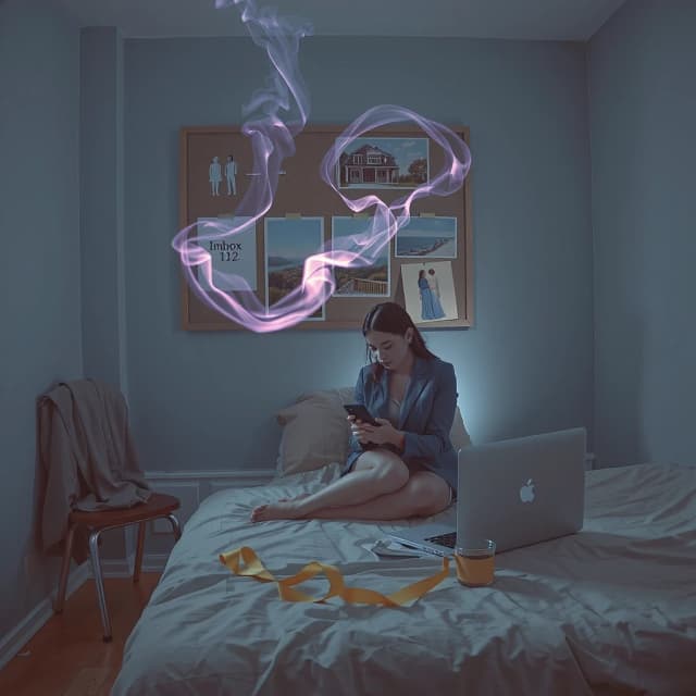 A bright but soft early morning scene in a room filled with cool gray-blue light, avoiding dark or heavy shadows. In the center, a well-groomed young woman is sitting passively on the bed, holding a phone to check her email, staring blankly into space. A thin, luminous smoke trail of lavender and old gold colors flows from her shoulder blades, weaving through the air and pouring into a mood board on the wall, making the cutouts of a seaside house and figures look 3D and alive with an inner glow. The scene features realistic everyday details: a wrinkled office blazer on a chair, an open laptop showing "Входящие (12)", a cold cup of coffee with a thin skin on top, and a piece of loose tape on the floor. The color palette consists of muted dusty blue walls, a pale salmon glow on her face, and smoky lavender for the magic trail. The lighting is voluminous and airy, keeping the atmosphere bright yet calm and slightly melancholic, with soft, readable shadows. magical realism style, digital painting, inspired by Cyril Rolando. Muted pastel color palette, soft textures, matte finish, volumetric light, emotional and atmospheric, editorial illustration for psychology --ar 16:9