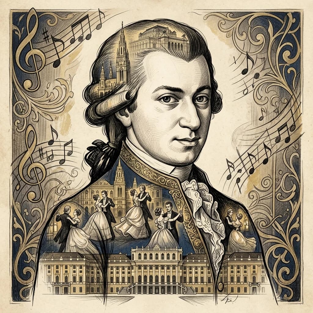 Pencil drawing, clear, elegant strokes applied with ink. Double exposure. (Background): Views of Vienna in the art-design style: the Imperial Palace of Hofburg, the Palace of Schönbrunn, the Vienna Opera, and an elegant ornamentation of notes and musical symbols applied using the double exposure effect to the image of Mozart in an elegant concert suit. Views of Vienna and couples dancing the Viennese waltz fill Mozart's silhouette. Stylization with elements of European culture. Complex decorative elements in the neoclassical and Renaissance styles. Shades of golden black, beige, dark blue, and gold. (Style):art design, fantasy, city, close-up, city, sepia, double exposure, portrait, summer evening, the light of the evening lanterns softly illuminates the theater building (Neo-Renaissance, Renaissance, Neoclassicism1.5 architecture), high quality.