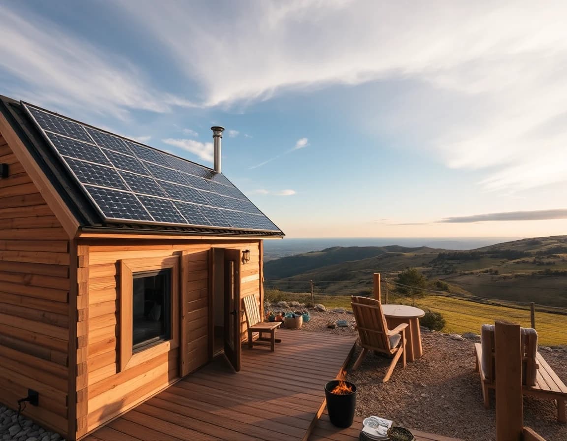 Horizontal photo of a mini barnhouse cabin for tourists, natural timber exterior, panoramic window, solar panels integrated into roof, beautiful landscape, cinematic lighting.
