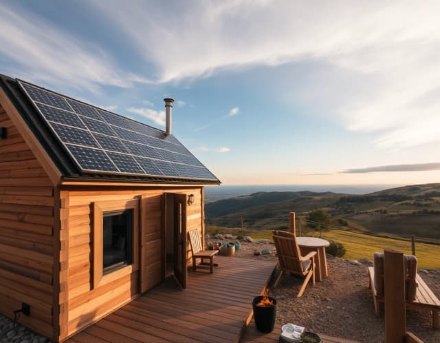 Horizontal photo of a mini barnhouse cabin for tourists, natural timber exterior, panoramic window, solar panels integrated into roof, beautiful landscape, cinematic lighting.
