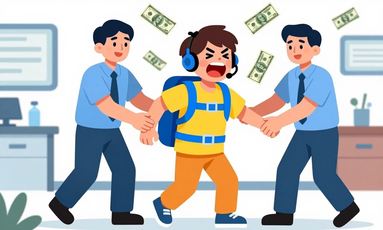 A deranged teenager in a yellow and blue straitjacket screams into an audio headset while paramedics lead him by the arms, dollars flying in the air, cartoon