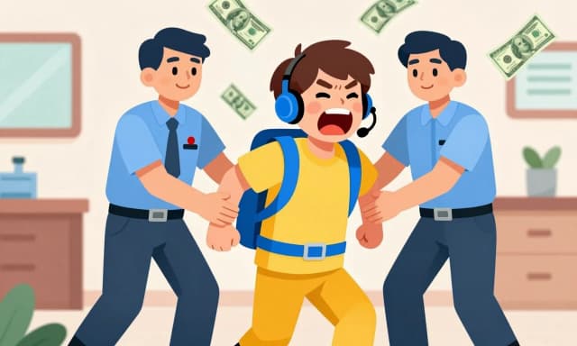 A deranged teenager in a yellow and blue straitjacket screams into an audio headset while paramedics lead him by the arms, dollars flying in the air, cartoon