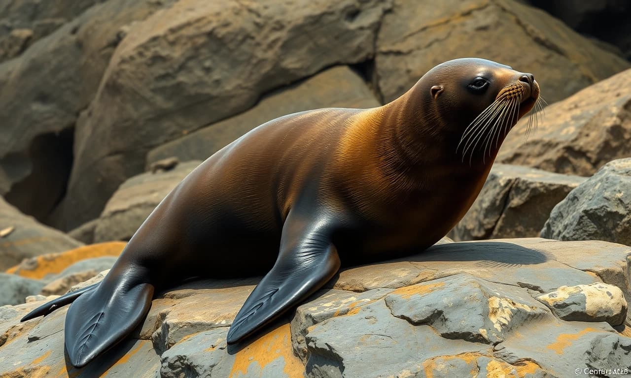 Мне нужно воссоздать японского морского льва (на латинском Zalophus japonicus). Этот японский морской лев, обитавший в Японском море, вымер к 1950-м годам из-за охоты на него и загрязнения окружающей среды.Японские морские львы были крупными животными, но, как и у многих ластоногих, самцы были значительно крупнее самок.
Самцы: Длина тела достигала примерно 2,5–3 метров, вес мог превышать 500 кг.
Самки: Были меньше, около 1,5–2 метров в длину и весом до 300 кг.
Имели типичное для ушастых тюленей обтекаемое мускулистое тело, хорошо приспособленное для плавания. Голова относительно крупная, с хорошо выраженной шеей.
Морда: Удлинённая, слегка сужающаяся к носу.
Ноздри: Расположены на конце морды, овальной формы.
Губы: Толстые, мясистые, с чувствительными вибриссами (усами).
Вибриссы (усы): Очень длинные, густые, беловатые или светло-серые.
Глаза: Крупные, тёмные, расположены по бокам головы. 
Ушные раковины: Ярко выраженные маленькие наружные ушные раковины (отличительная черта ушастых тюленей), которые они могли загибать внутрь при погружении.
Череп: Отличался от черепа калифорнийского морского льва, имел свои специфические черты, которые использовались систематиками для его идентификации (например, форма черепа, зубы).
Основной цвет: Шерсть была преимущественно темно-коричневого или серовато-коричневого цвета. 
Тюлень должен выглядеть как хищник, живущий на скалах. Изобразить особенную черту тюленя очень крупным планом, то есть его передние ласты - он мог «ходить» на передних ластах, опираясь на них, в отличие от настоящих тюленей, которые передвигаются по суше, извиваясь всем телом.
